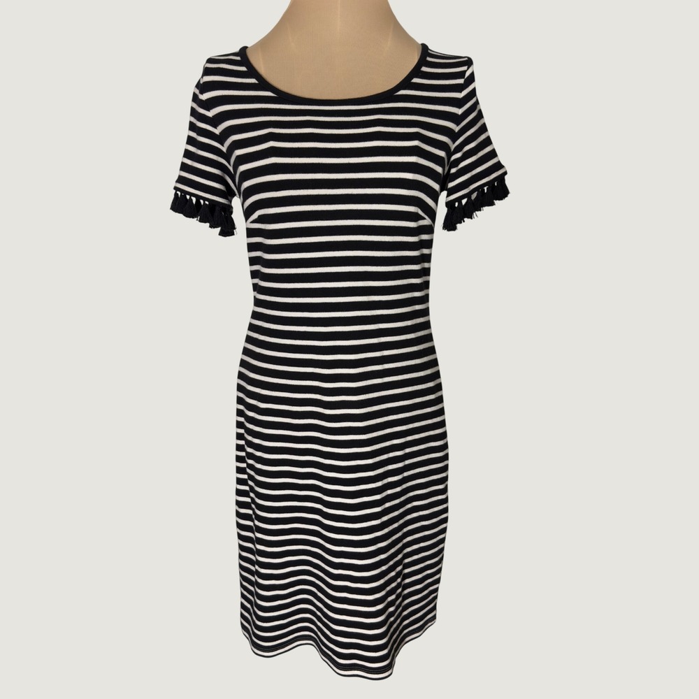 3280 | Talbots Petites Striped Tassel Sleeve Sheath Dress Black White Size P